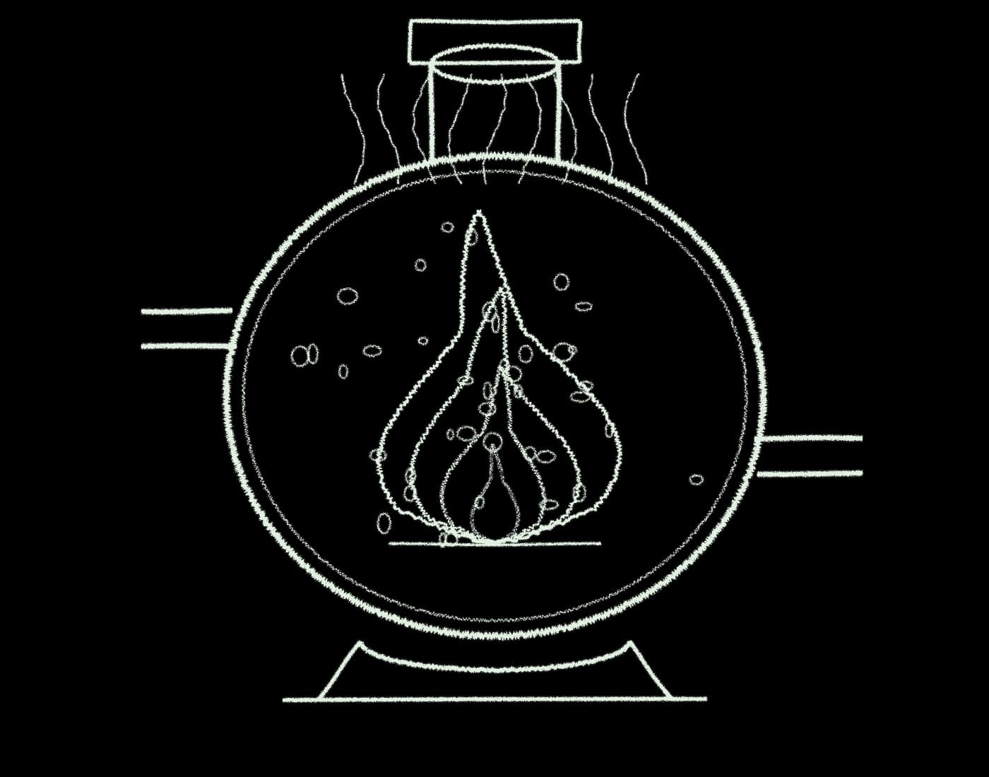 Chalk drawing of the combustion chamber with a flame at its centre